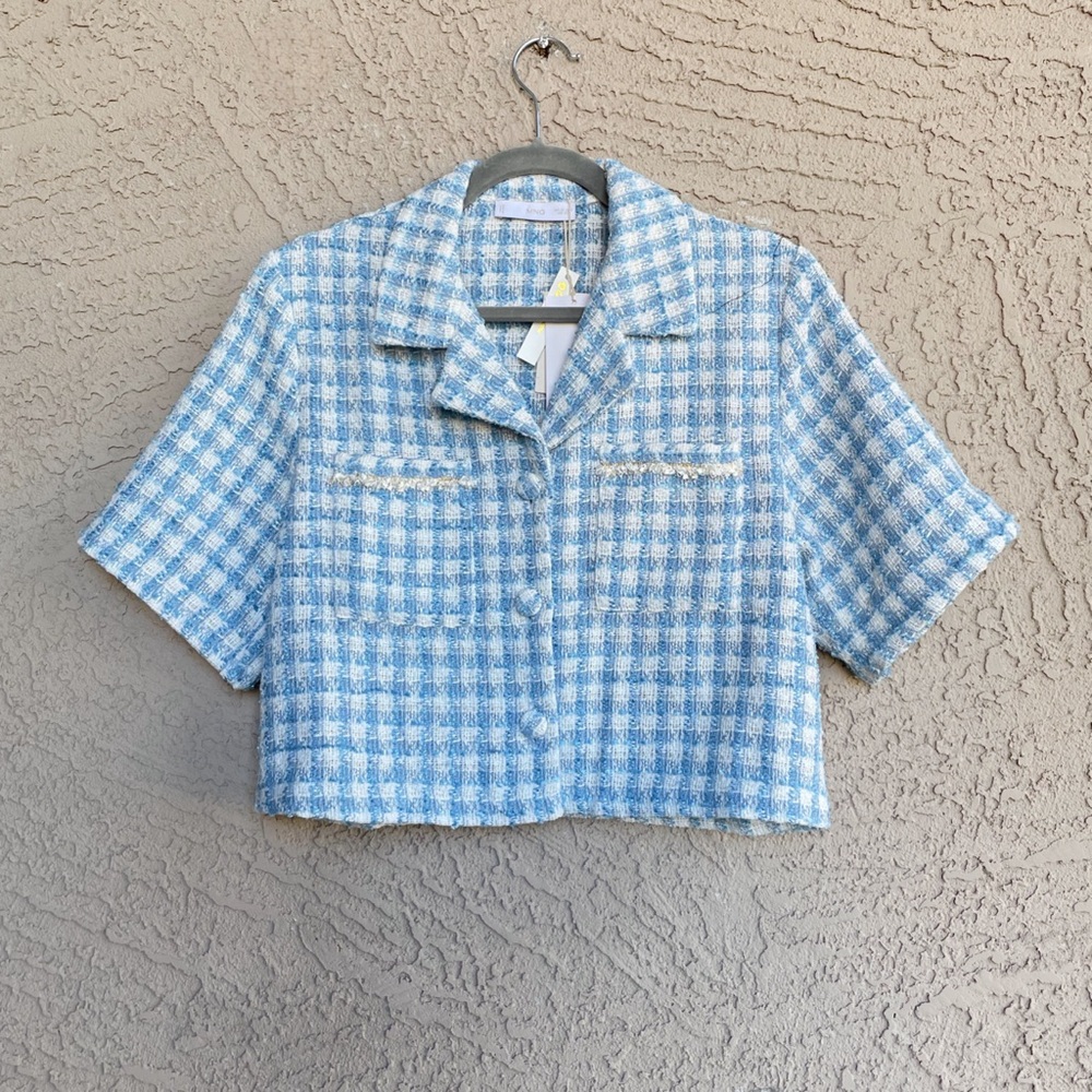MANGO NWT Blue & White Gingham Check Plaid Tweed Short Sleeve Boxy Shirt Jacket